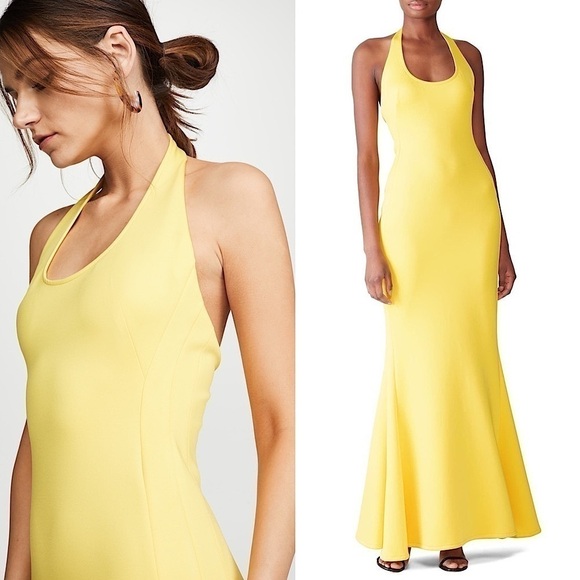 BLACK HALO Scuba Stretch Yellow Halter Sleeveless Mermaid Skirt Maxi Gown 16 - Picture 1 of 10